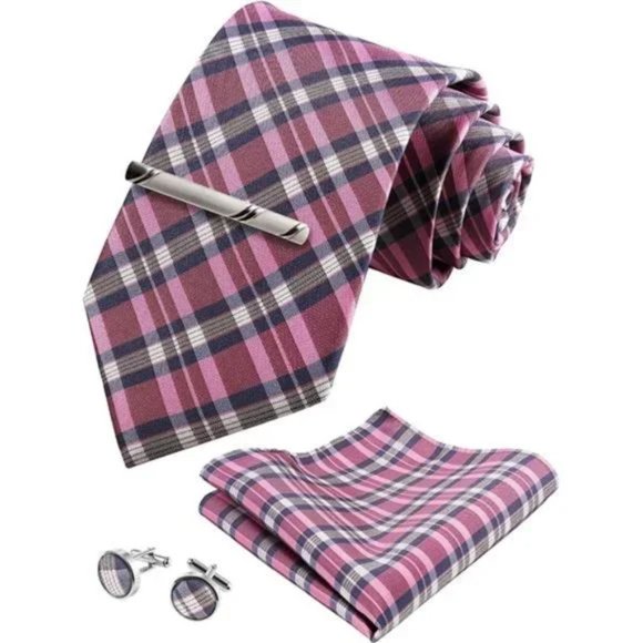 Mens Ties Set in Gift Box/ Plaid Pink Checkered Tie Set Gift for Men - Picture 1 of 5